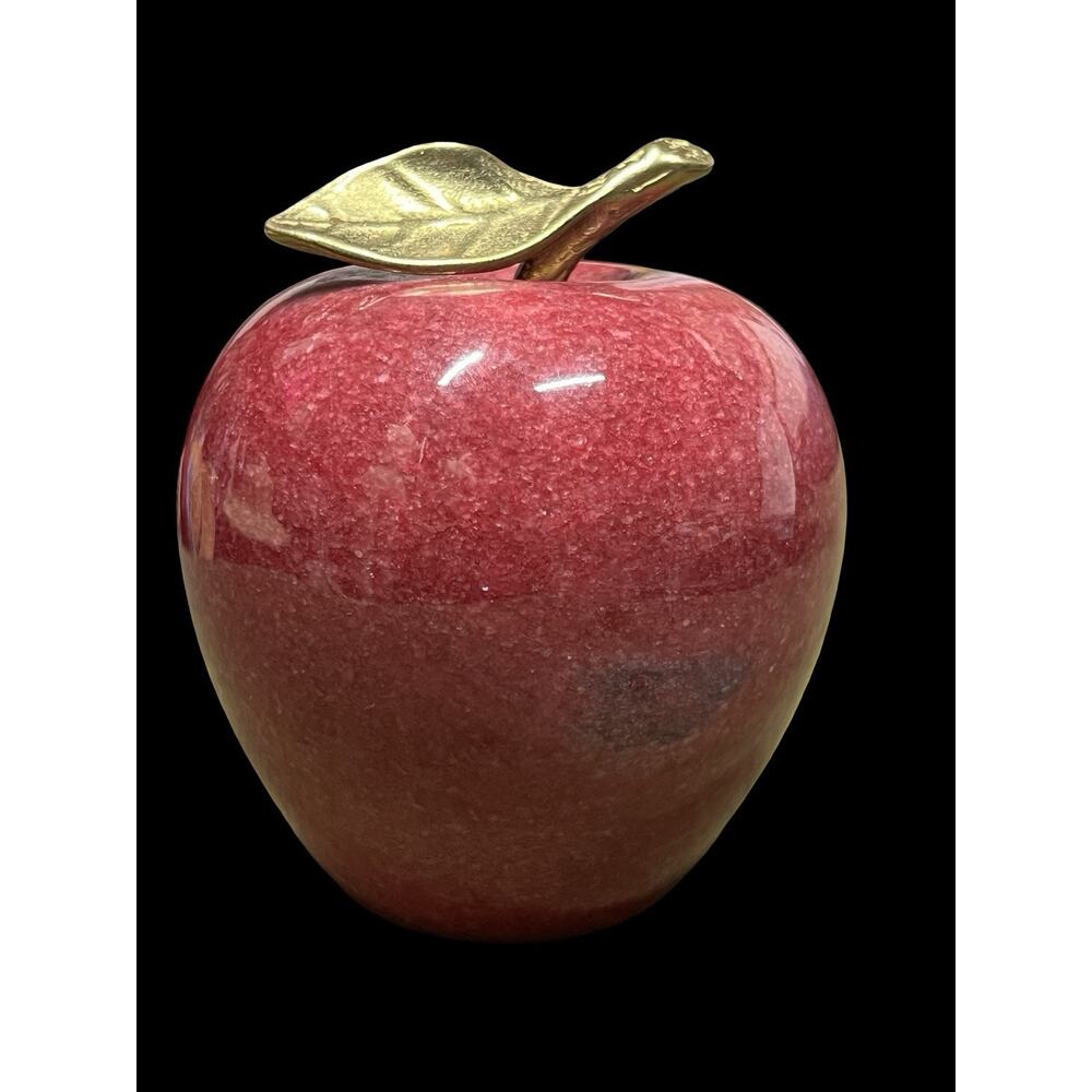 Vintage Red Apple Paperweight Solid Marble Alabaster Brass Stem Teacher Gift